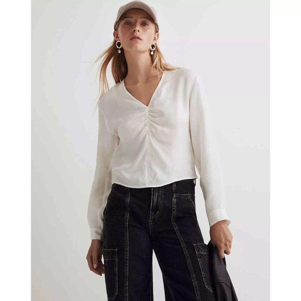 MADEWELL Brushed Ruched-Front Top 8 Lighthouse Cream Blouse Long Sleeve NWT B13